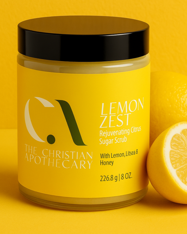 Jar of 'Lemon Zest' product from The Christian Apothecary on a yellow background with lemons.